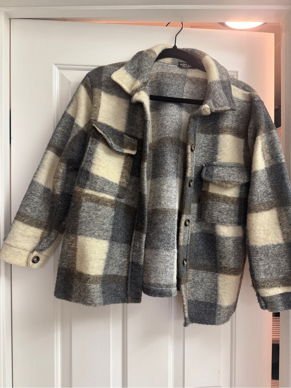 Nasty Gal Cozy Gray & Cream Plaid Shacket